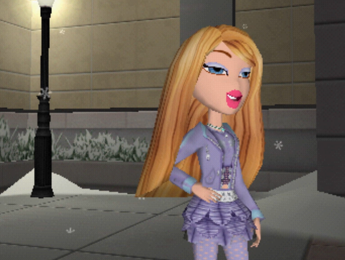 Sierrna has long blonde hair with brassy lowlights and blue eyes. She wears a periwinkle winter coat over a periwinkle skating outfit with a ruffled skirt. She has white skin.